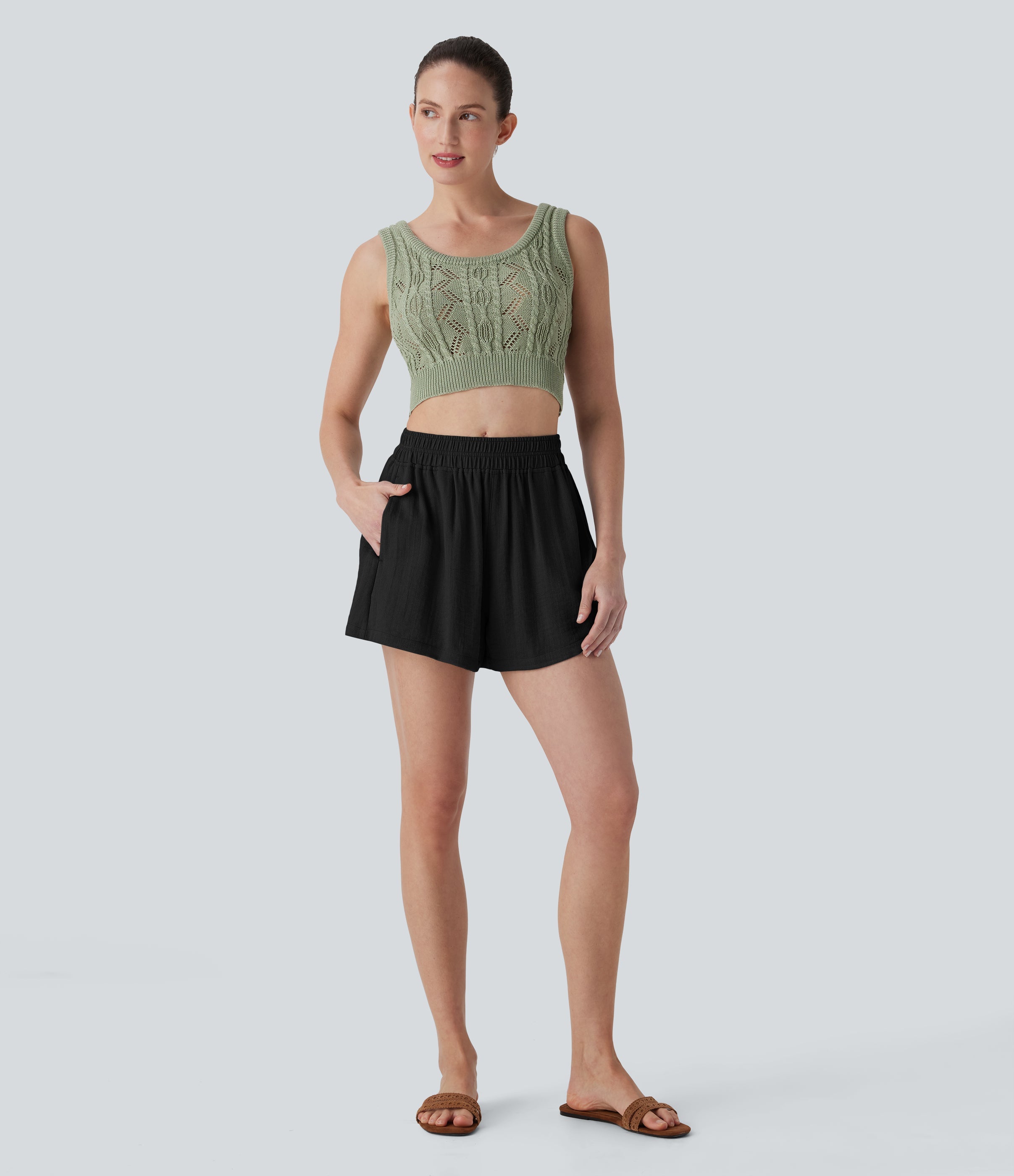 Mid Rise Linen-Feel Shorts with Pockets