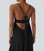 Ribbed Tie Back Ruched Maxi Slip Dress with Pockets