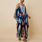 Bohemian Feather Print Maxi Kaftan Dress