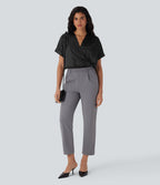Crossover V-Neck Batwing-Sleeve Snap Satin Work Bodysuit