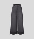 FlexTM High Waisted Multiple Pockets Rolled Hem Wide Leg Washed Stretchy Knit Casual Jeans