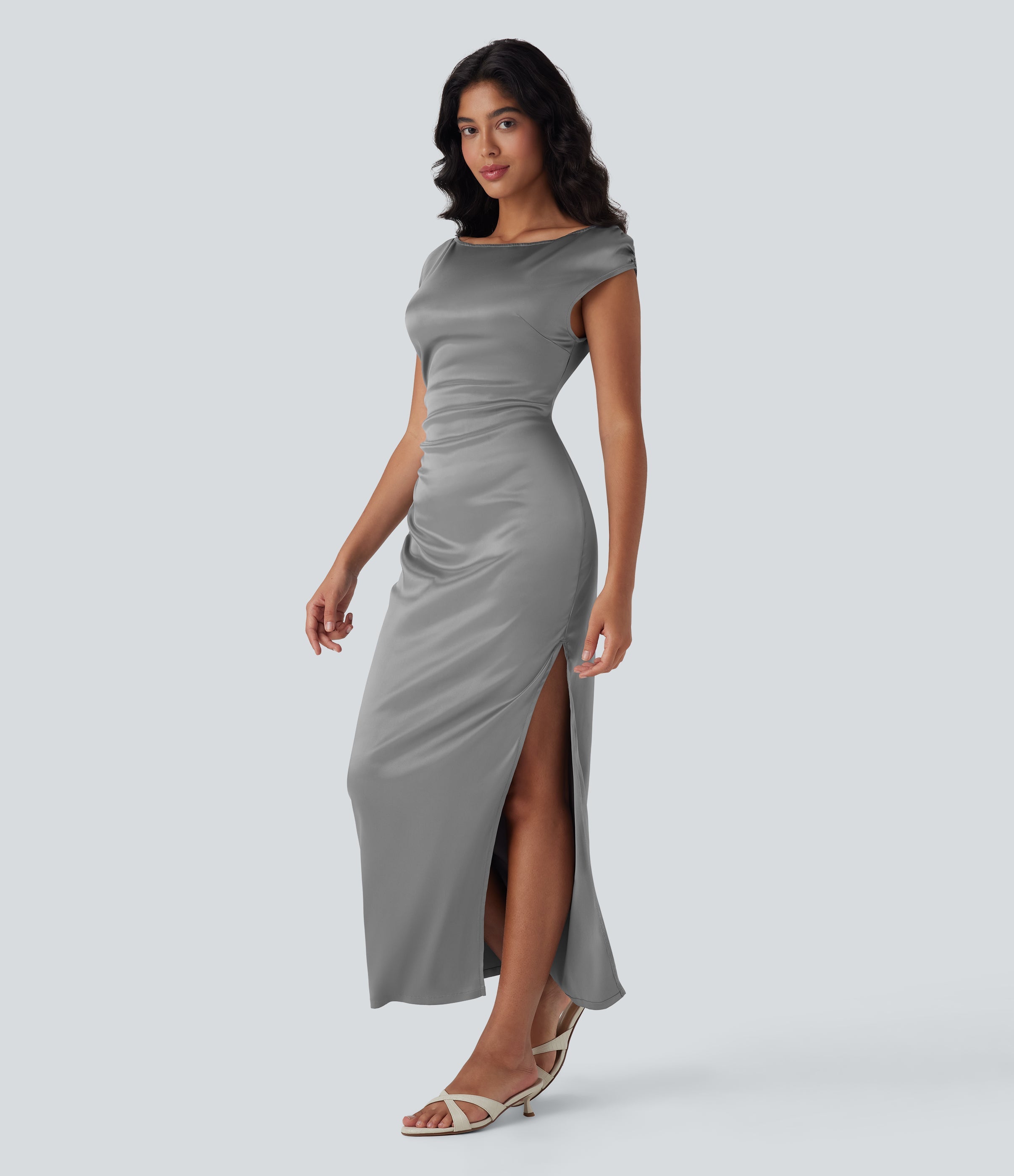 Boat Neck Cap Sleeve Ruched Satin Dress