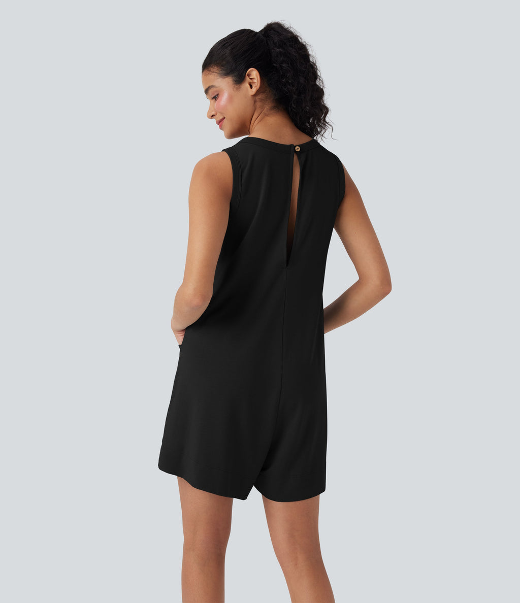 Round Neck Sleeveless Casual Jumpsuit with Pockets