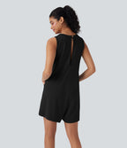 Round Neck Sleeveless Casual Jumpsuit with Pockets
