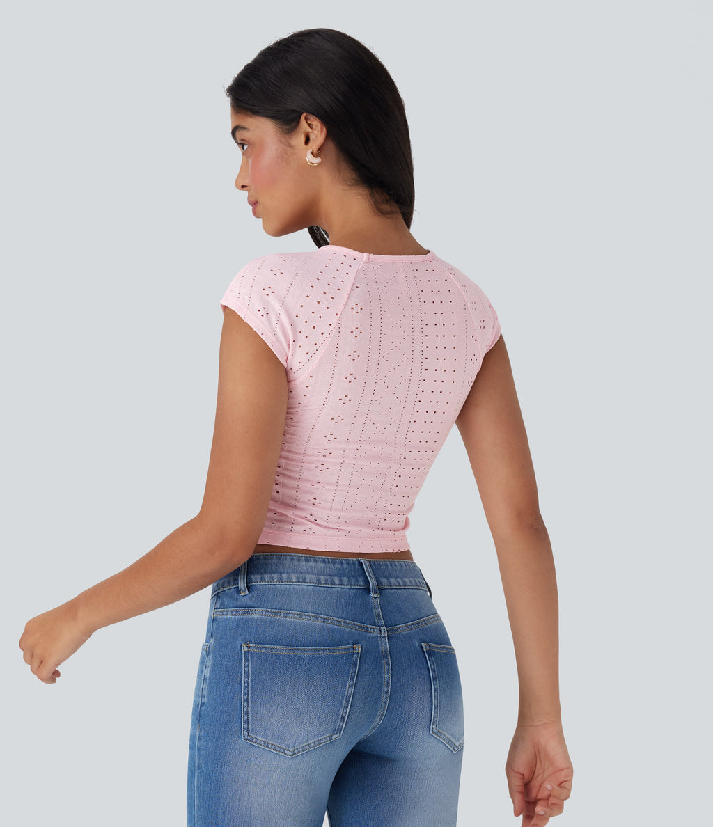 Square Neck Drawstring Eyelet Embroidery Skinny Cropped Casual Top