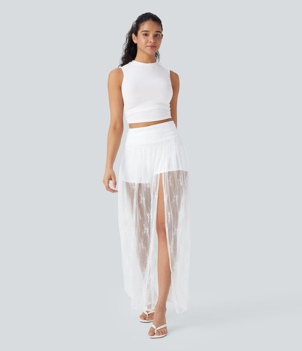 High Waisted 2-in-1 Lace Maxi Casual Skirt with Pocket