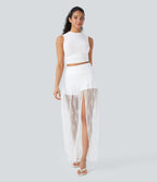High Waisted 2-in-1 Lace Maxi Casual Skirt with Pocket