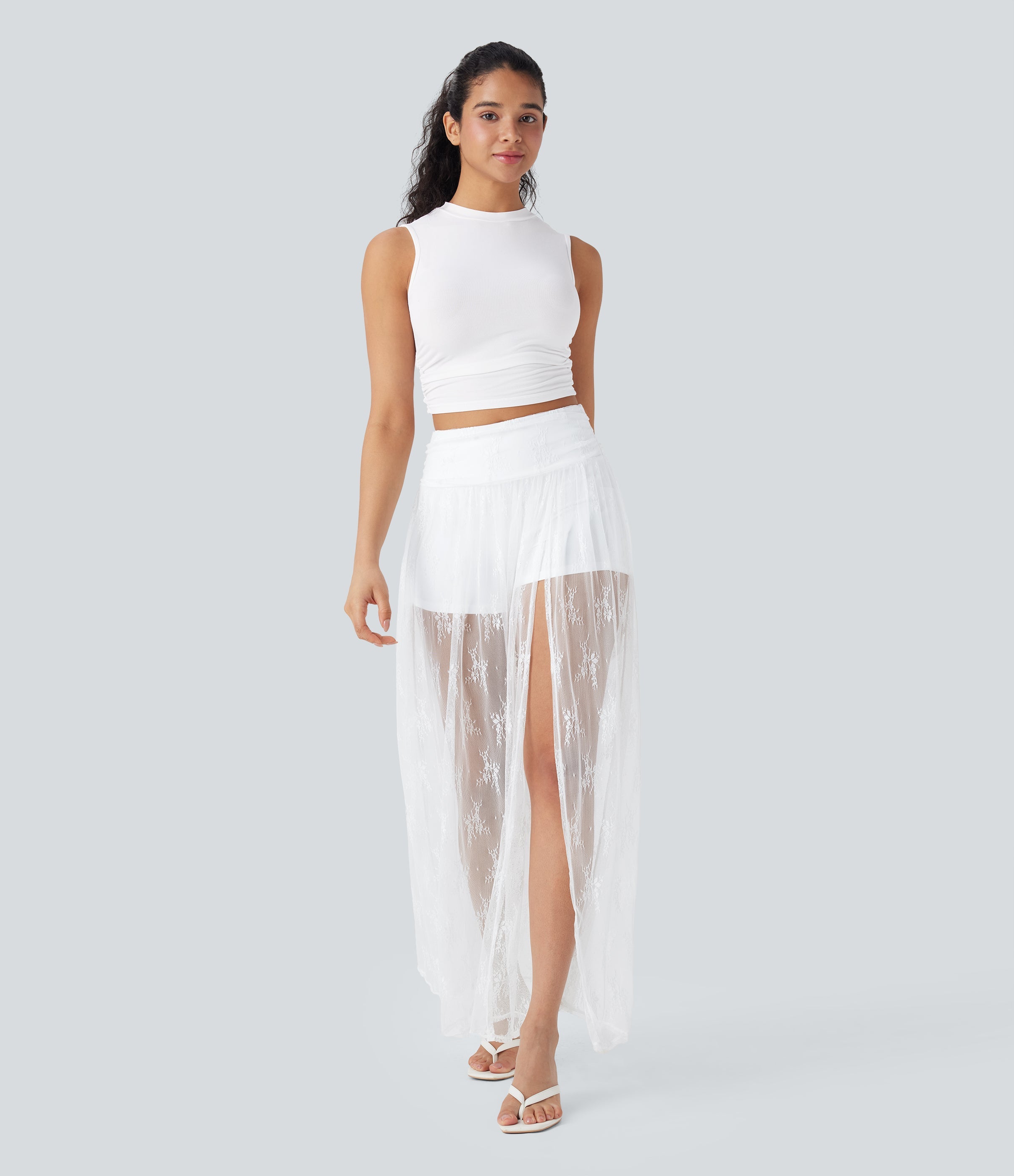 High Waisted 2-in-1 Lace Maxi Casual Skirt with Pocket