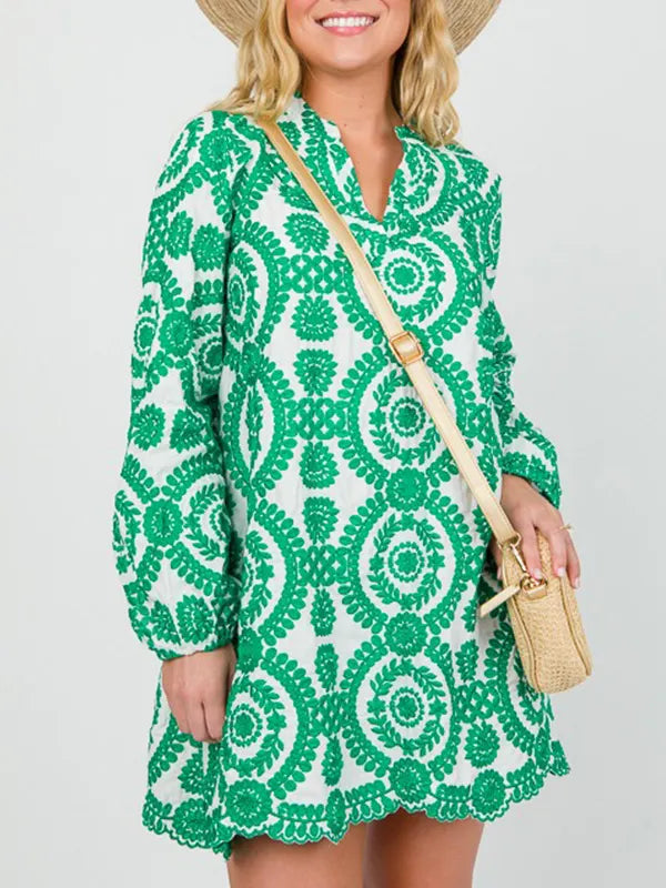 NEW🔥 Printed Lace Trim V Neck Shirt Dress