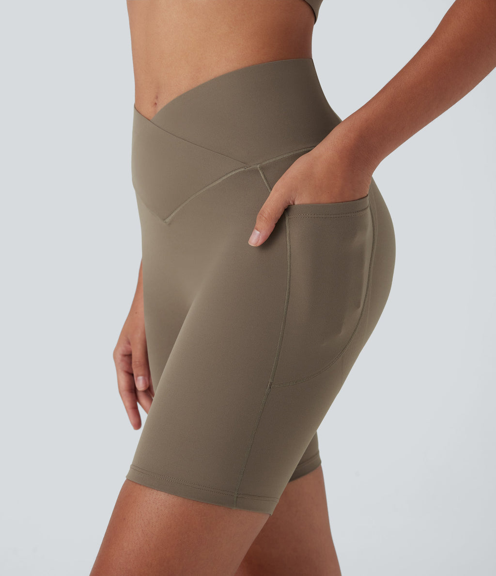 UltraSculptTM High Waisted Crossover Tummy Control Butt Lifting Yoga Biker Shorts 7'' with Pockets