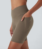 UltraSculptTM High Waisted Crossover Tummy Control Butt Lifting Yoga Biker Shorts 7'' with Pockets