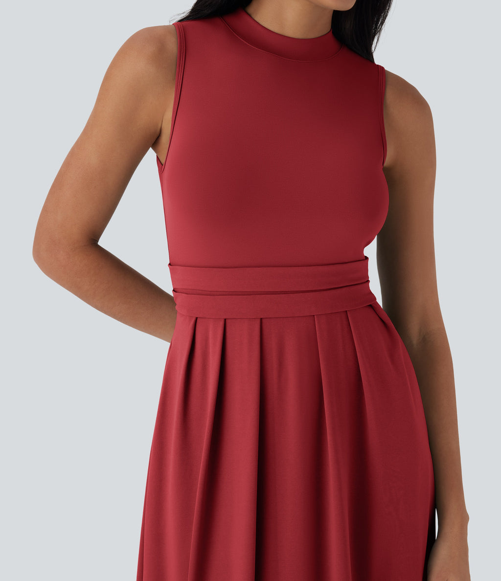 Stand Collar Sleeveless Flare Maxi Casual Dress with Pockets