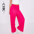 Pink Solid Color Magenta Wide-Leg Drawstring Pants Palazzo Pleated Pants