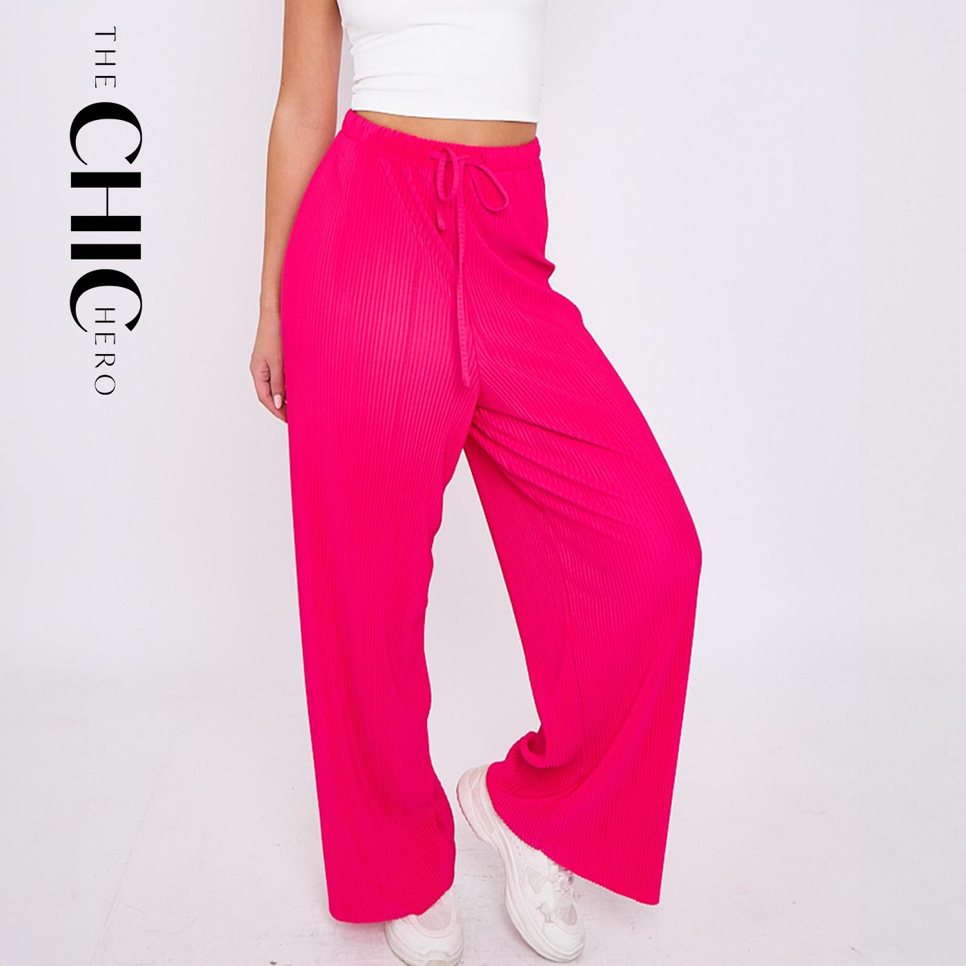 Pink Solid Color Magenta Wide-Leg Drawstring Pants Palazzo Pleated Pants