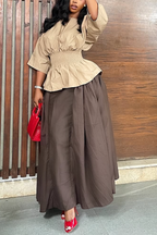 Women Round Neck Waist Cinched Top+ Half Skirt Elegant Casual Suit