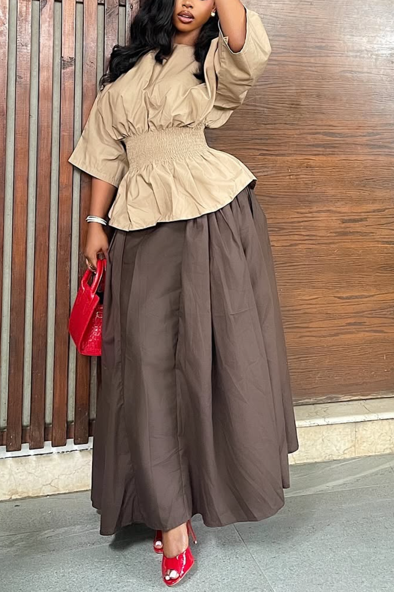 Women Round Neck Waist Cinched Top+ Half Skirt Elegant Casual Suit