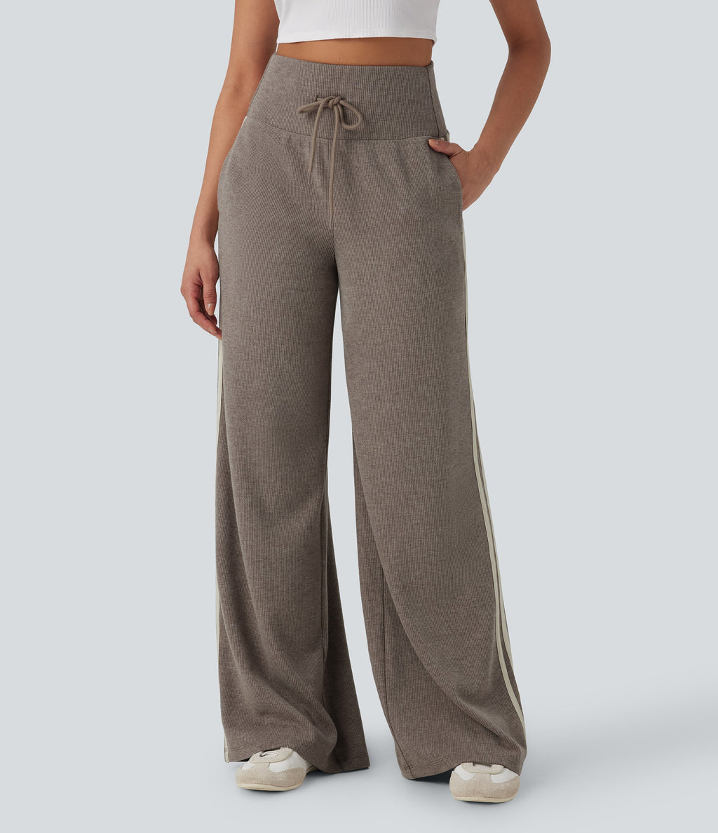 Ribbed SoCinched High Waisted Tummy Control Drawstring Wide Leg Color Block Casual Pants with Pockets