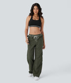 Low Rise Drawstring Ruffle Trim Dance Barrel Leg Pants with Pockets