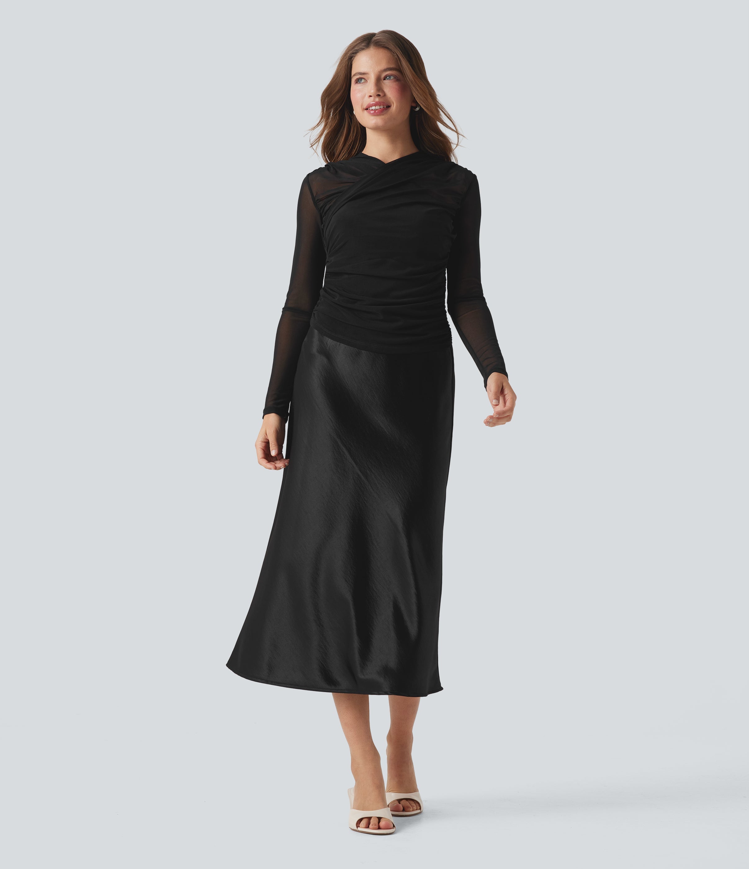 Sheer Mesh Crossover V Neck Ruched Casual Top