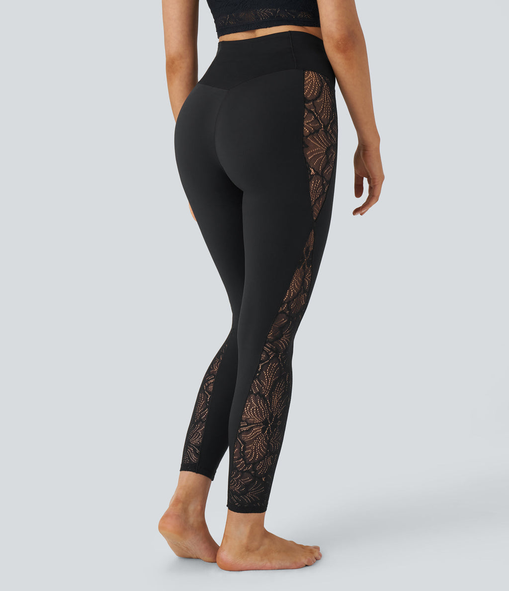 SoftlyZeroTM High Waisted Crossover Contrast Lace Built-in Underwear Yoga Leggings with Pocket-UPF50+