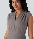 FlexTM V Neck Pleated Sleeveless Mini Micro Waffle Work Dress with Pockets