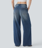 FlexTM Low Rise Wide Leg Washed Casual Jeans with Pockets