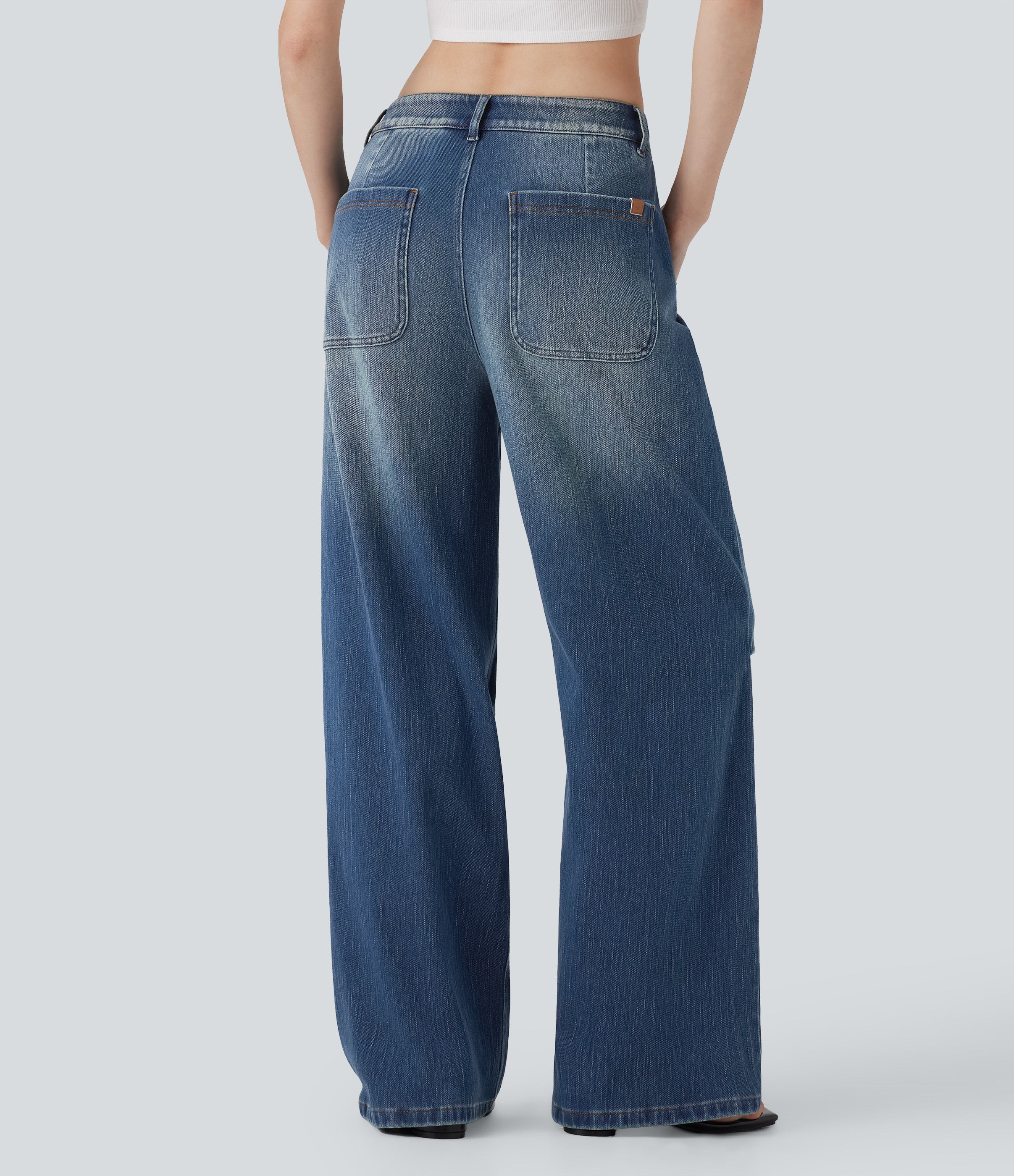 FlexTM Low Rise Wide Leg Washed Casual Jeans with Pockets
