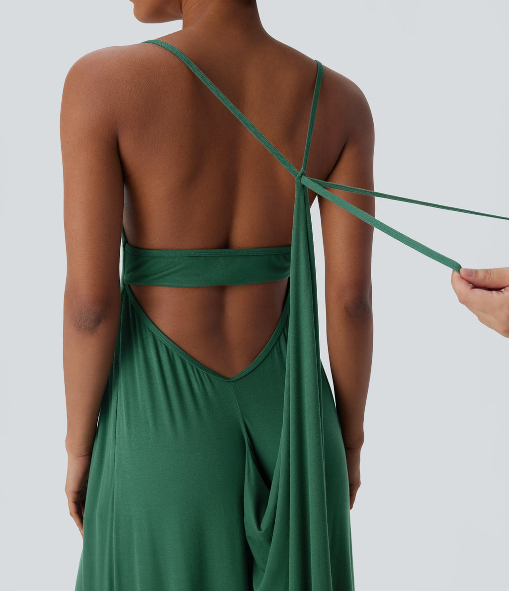 Ribbed Tie Back Ruched Maxi Slip Dress with Pockets