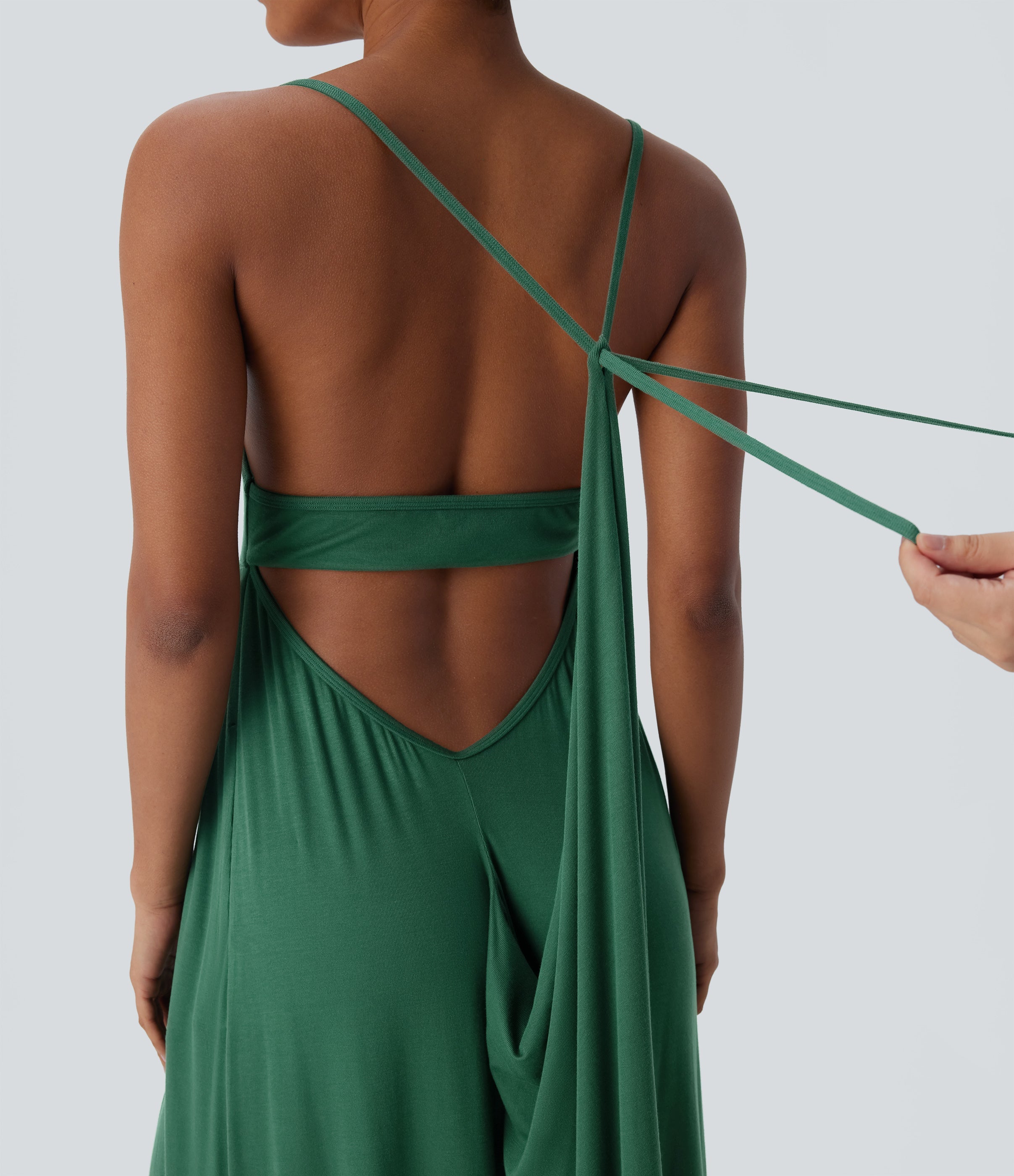 Ribbed Tie Back Ruched Maxi Slip Dress with Pockets