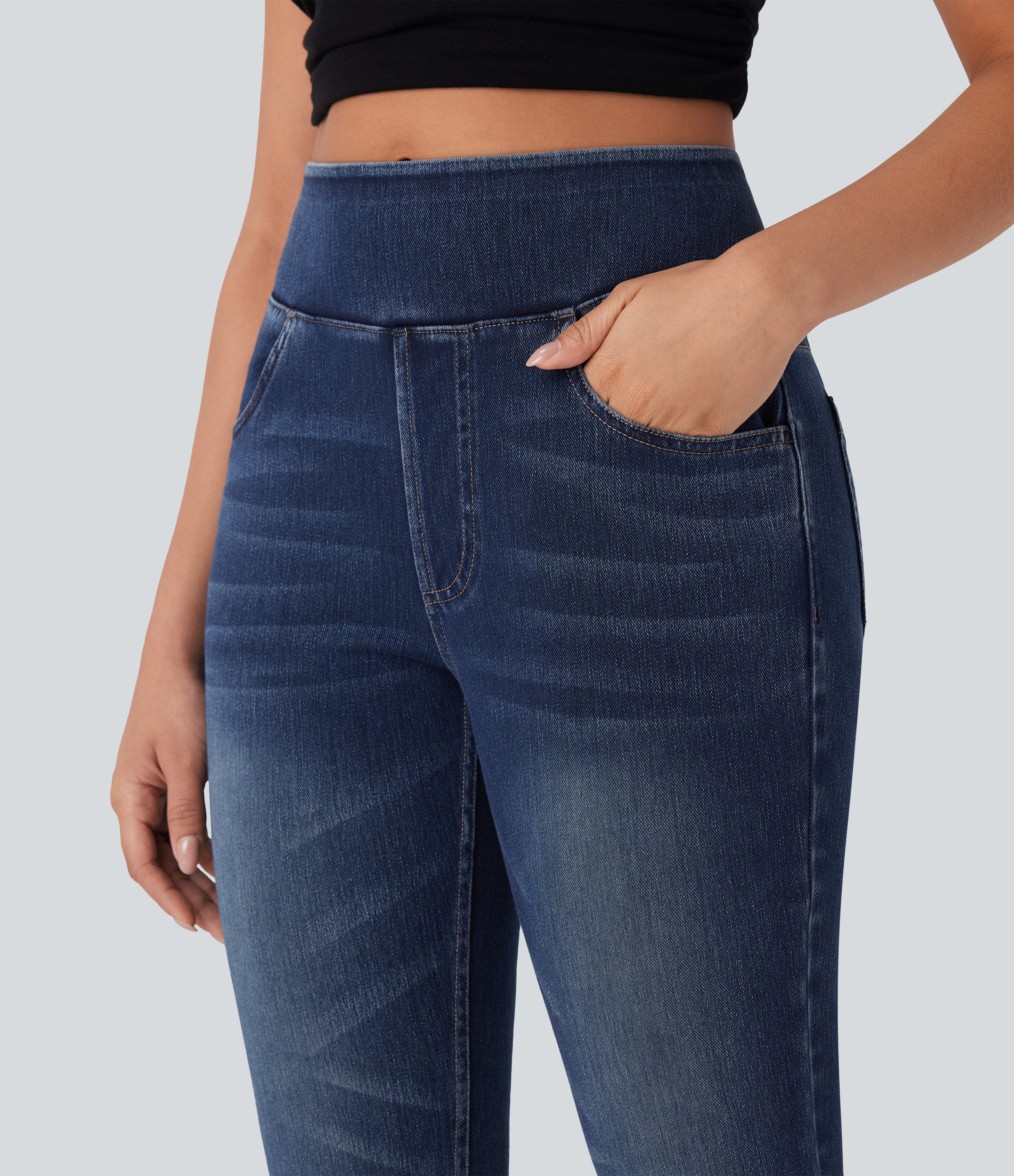 FlexTM High-Waisted Denim Casual Capri Leggings with Pockets