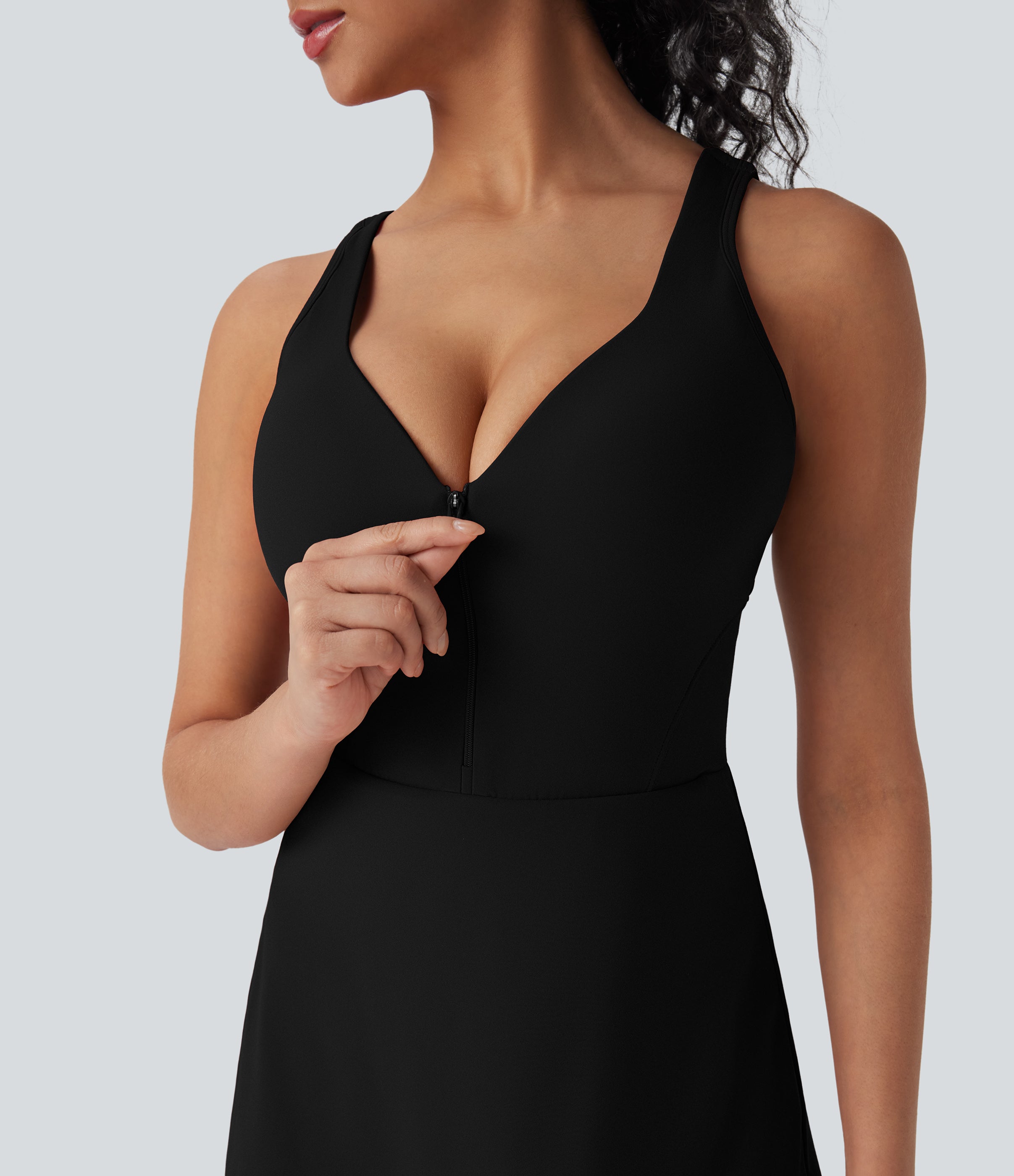 SoftlyZeroTM Plush Push-Up Molded Cups Zipper 2-in-1 Yoga Active Dress with Pockets-Easy Peezy-D/DD/DDD/F
