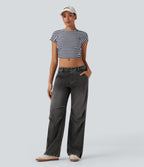 FlexTM Low Rise Adjustable Drawcord Stretchy Knit Casual Parachute Jeans with Multiple Pockets