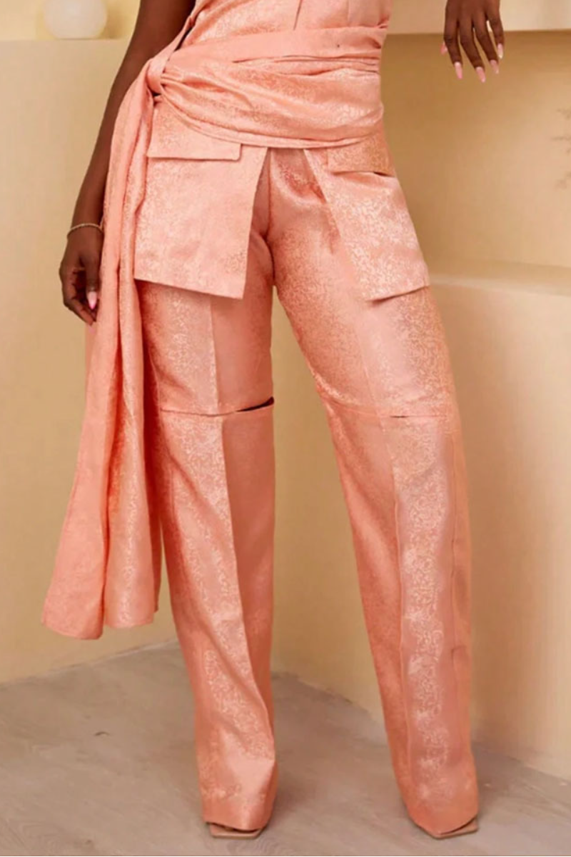 Women's Elegant Wrap Waist Detail Satin Jacquard Sleeveless Blazer Or Cutout Pants