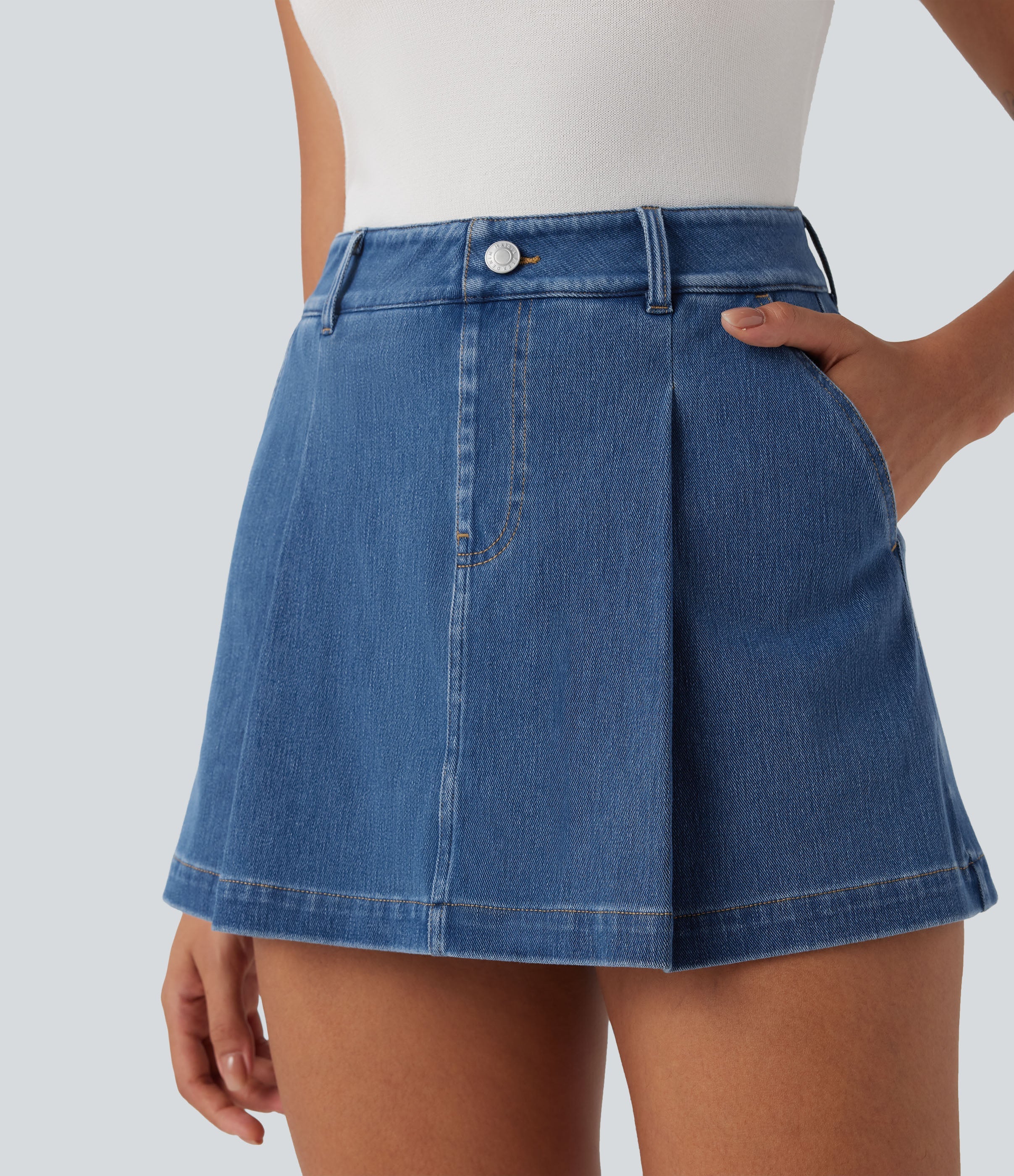 FlexTM High Waisted 2-in-1 Washed Stretchy Knit Denim Casual A-line Skort with Pockets