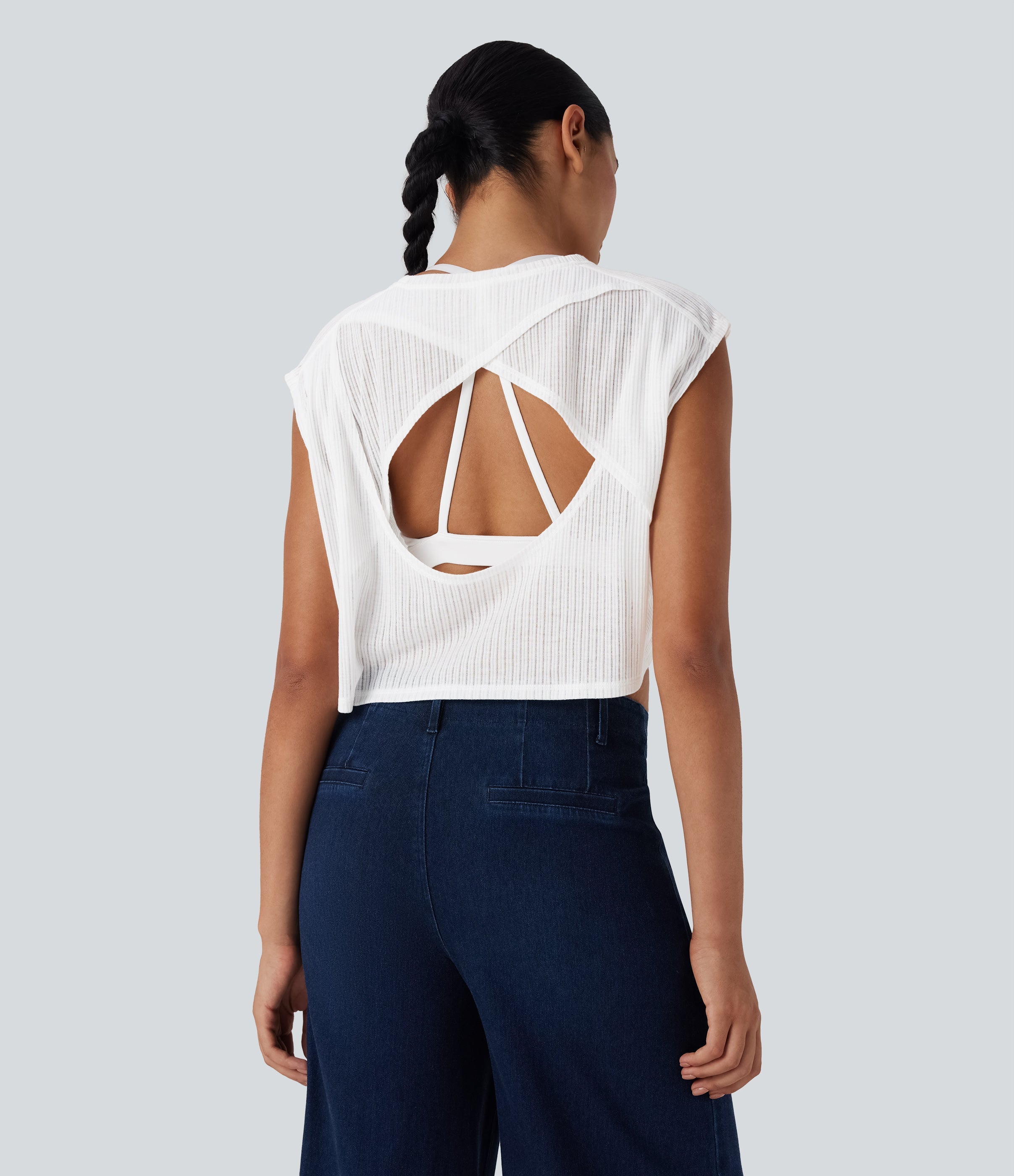 Round Neck Cap Sleeve Cut Out Casual Top