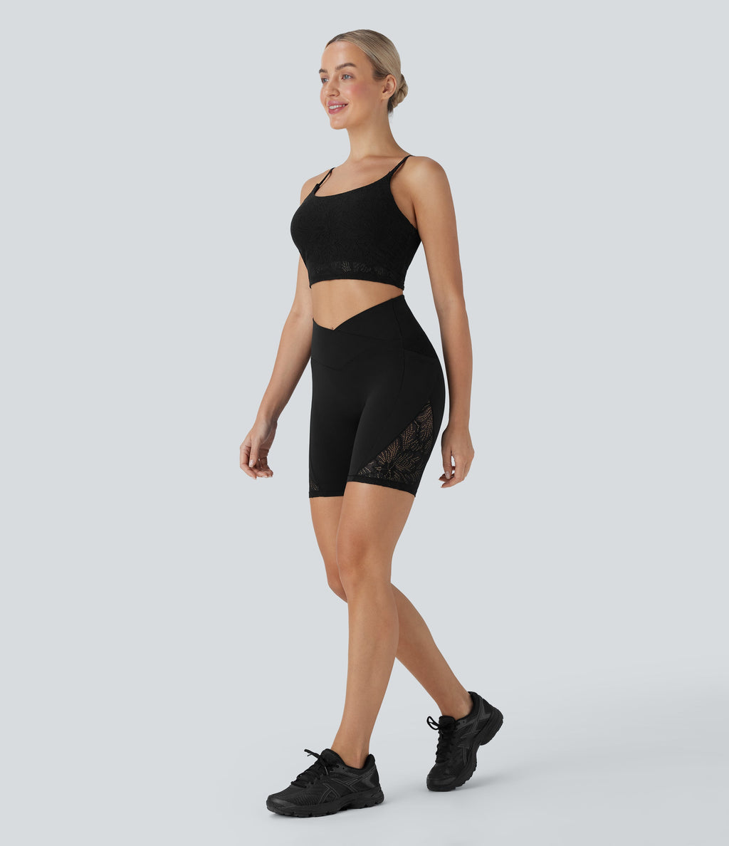 SoftlyzeroTM High Waisted Crossover Contrast Lace Yoga Biker Shorts 7'' with Pockets-UPF50+