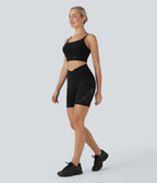 SoftlyzeroTM High Waisted Crossover Contrast Lace Yoga Biker Shorts 7'' with Pockets-UPF50+