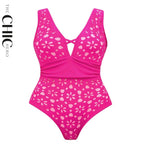 Rose Red Petal Print Hollow V Neck One-Piece Swimsuit&Skirt