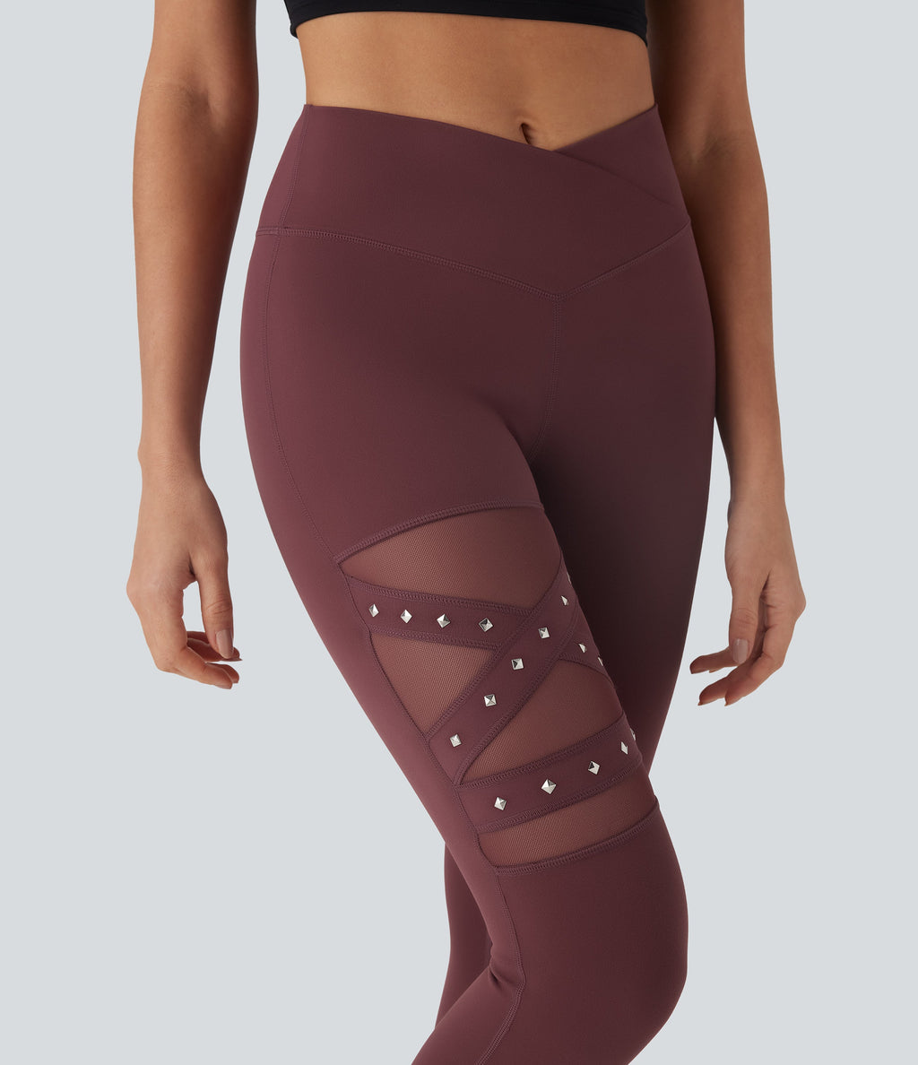 High Waisted Crossover Contrast Mesh Studded Yoga Leggings with Pocket