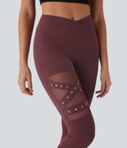 High Waisted Crossover Contrast Mesh Studded Yoga Leggings with Pocket