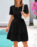 Women's Casual Dresses 2025 Summer Spring V Neck Short Sleeve Sundress Smocked Waist A Line Tiered Mini Dress