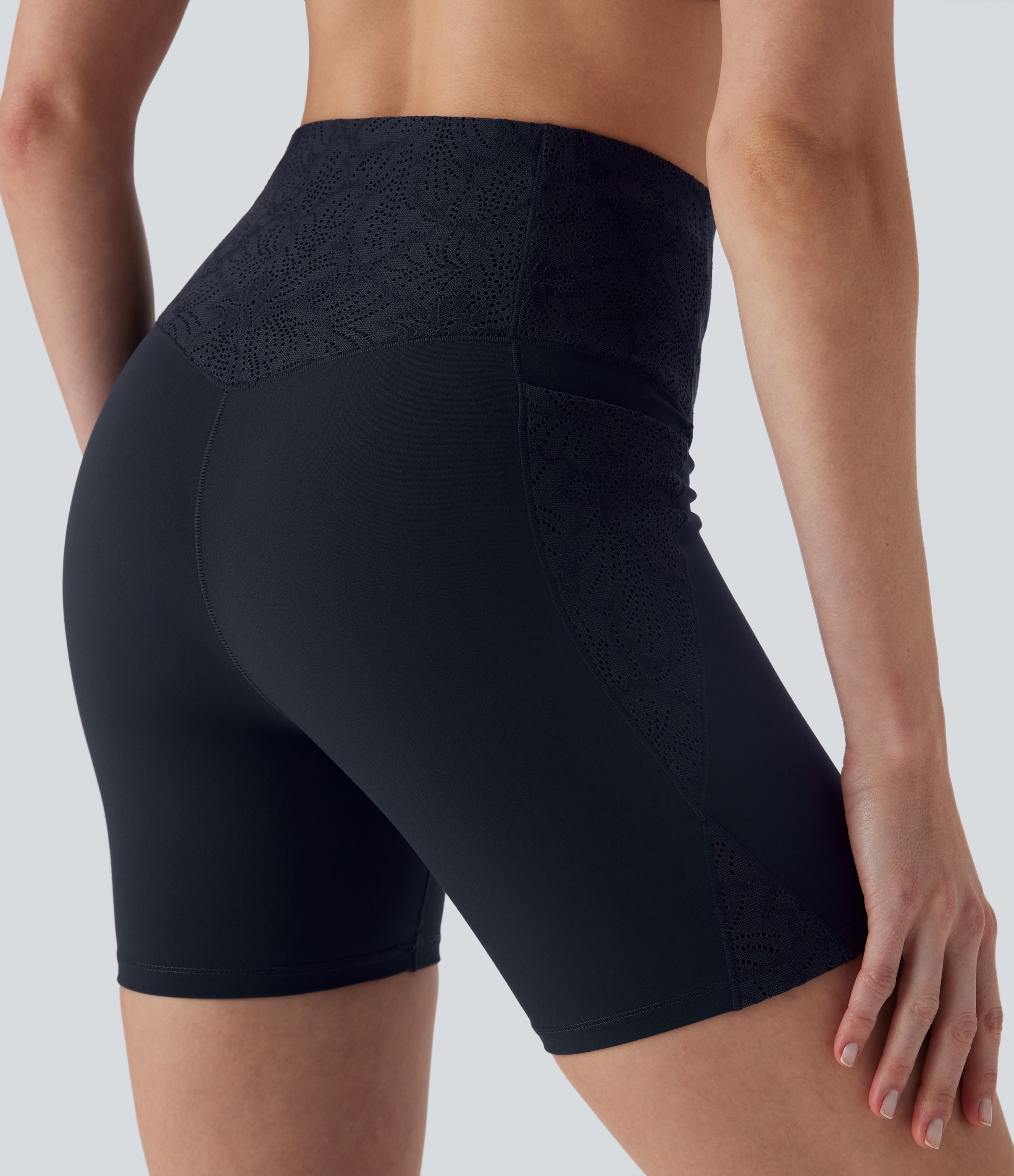 UltraSculptTM SoCinched High Waisted Tummy Control Contrast Lace Training Biker Shorts 5'' with Pockets