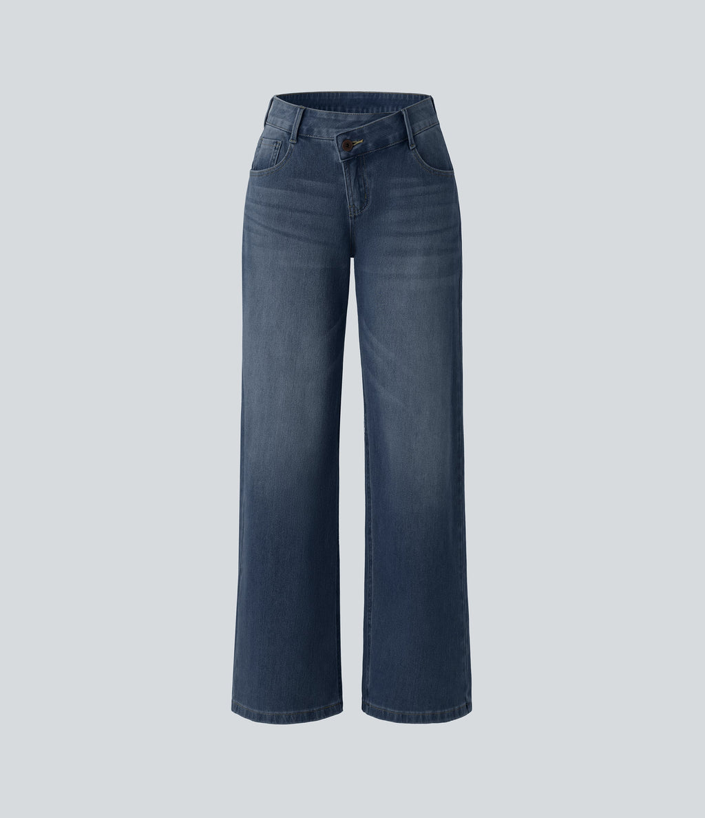 FlexTM Asymmetric Low Rise Zipper Pockets Baggy Wide Leg Washed Casual Jeans