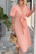 CLEARANCE🔥 V Neck Tie Puff Sleeve Cotton Dress- Tax Free