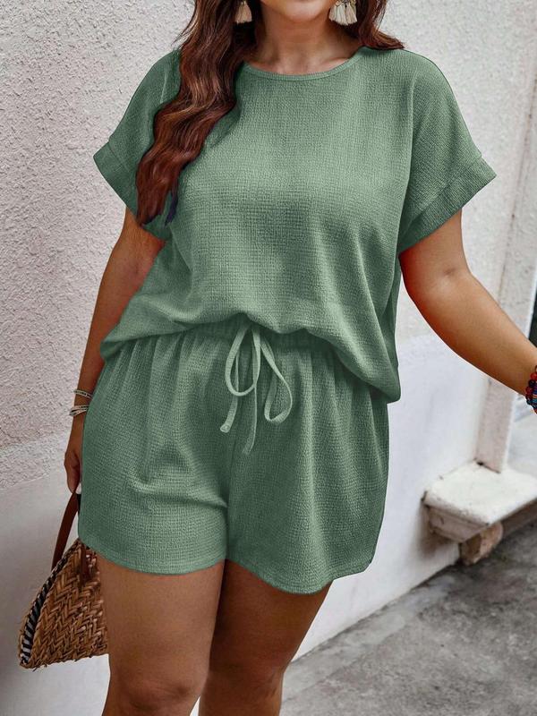 【Plus Size】 2 Piece Set Solid Textured Batwing Sleeve Tee & Drawstring Waist Shorts Two-piece Set, Casual Basic Shortsleeve Round Neck Summer Tops T-shirt & Shorts, 2 Piece Sets Women, Minimalist Womenswear, Lady Summer Sets, Casual Matching Set