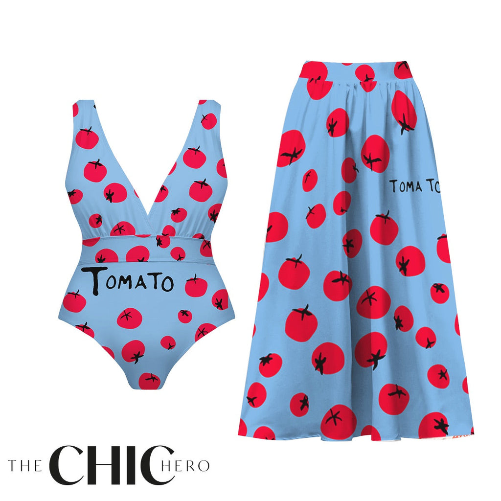 Sky Blue Fresh & Fun Tomato Print One-Piece Swimsuit&Skirt