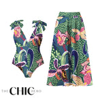Green Parrot Tropical Exotic Flower Motifs One-Piece Swimsuit&Skirt