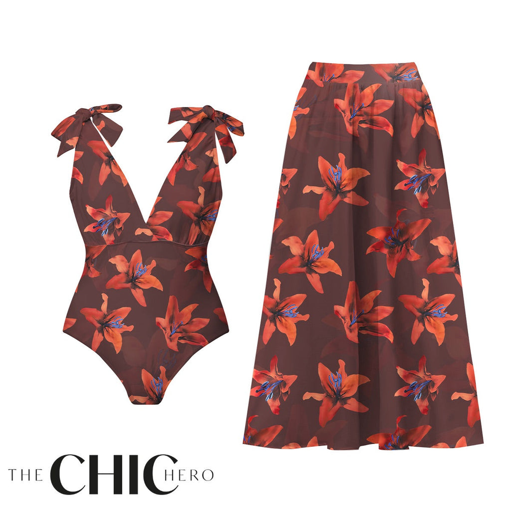 Red Lily Floral Patterns One-Piece Swimsuit&Skirt