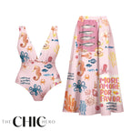 Ocean Love Pink Sea Life One-Piece Swimsuit&Skirt