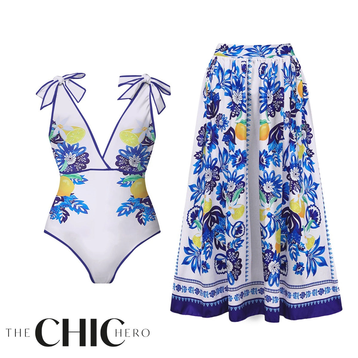 Lemon Blue Floral Print One-Piece Swimsuit&Skirt